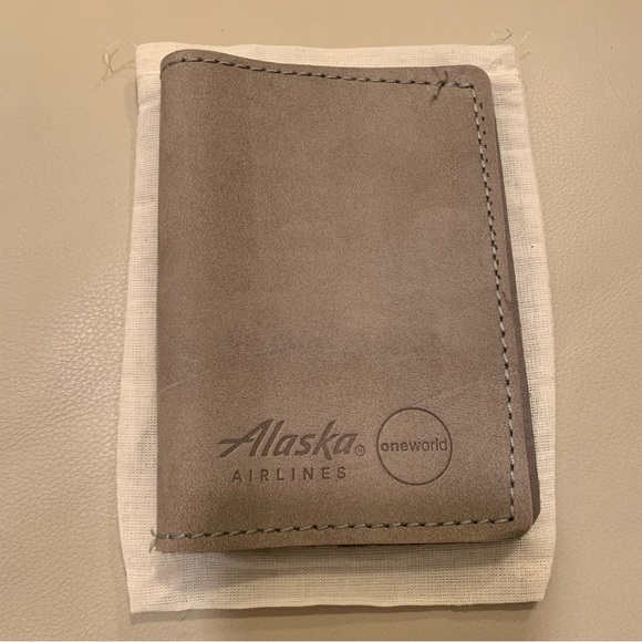 Alaska airlines passport case cover tan neutral New Never used leather? w/ case - Picture 4 of 5